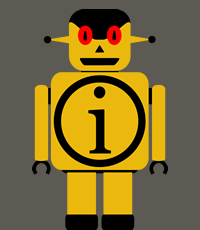 a robot with the symbol for information on its chest